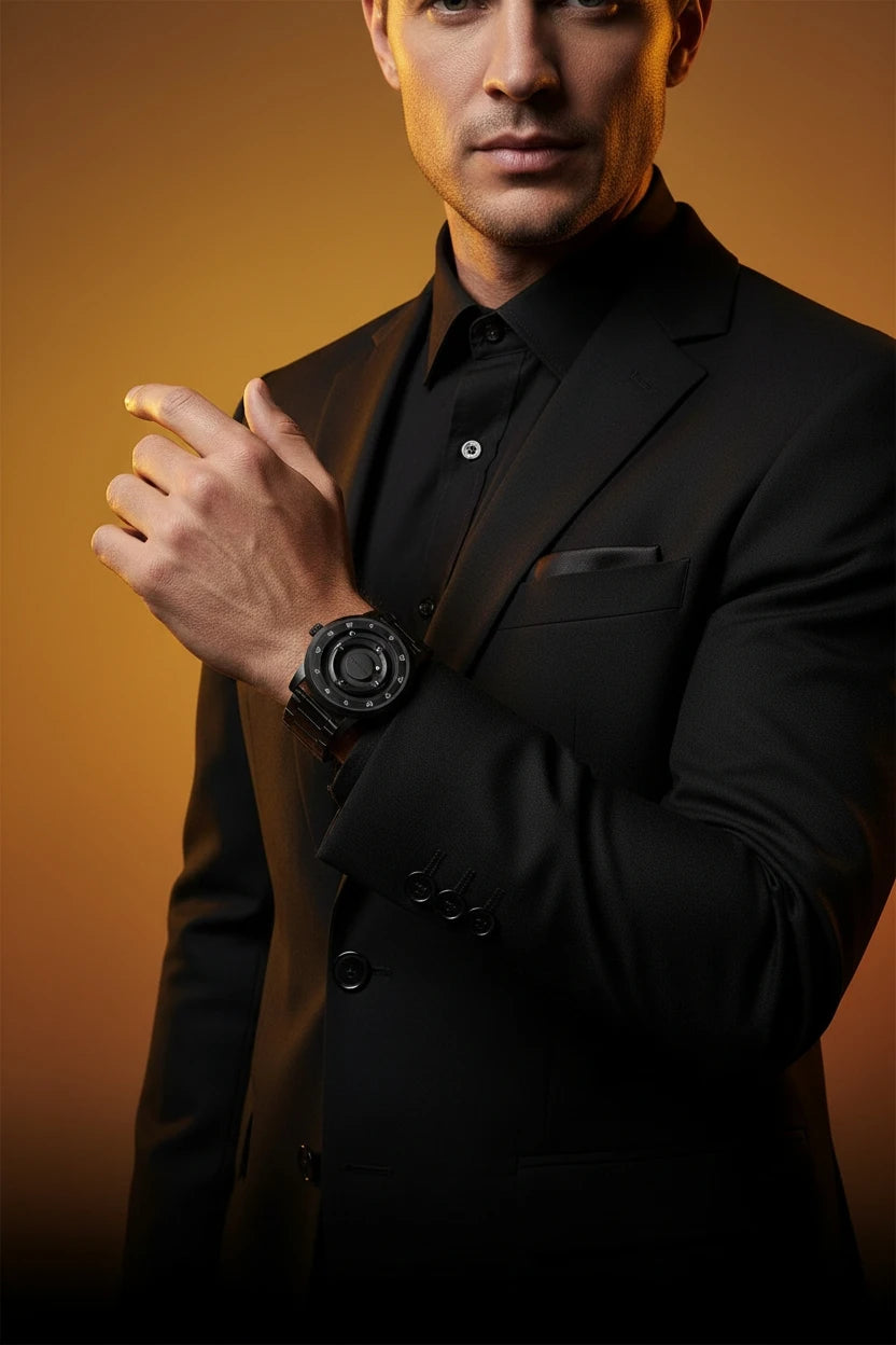 A man in a black suit and shirt wearing a black wristwatch, posed against a warm golden-brown studio background.