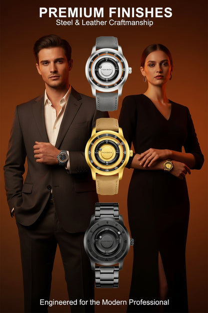 Two people holding watches with text about premium finishes and craftsmanship.