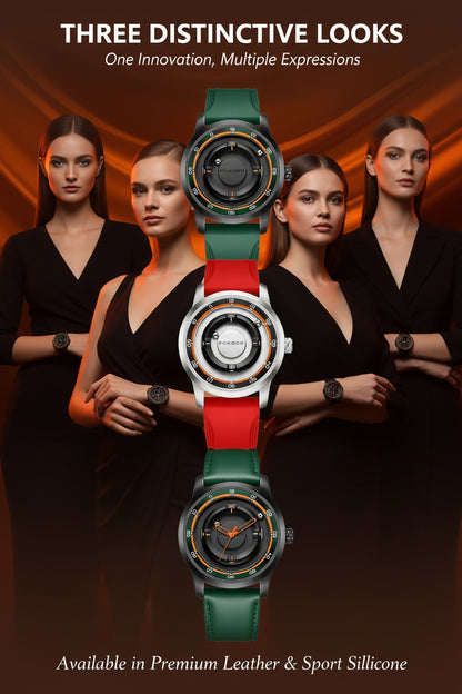 Three women wearing watches with a focus on a central watch, set against a dark background.