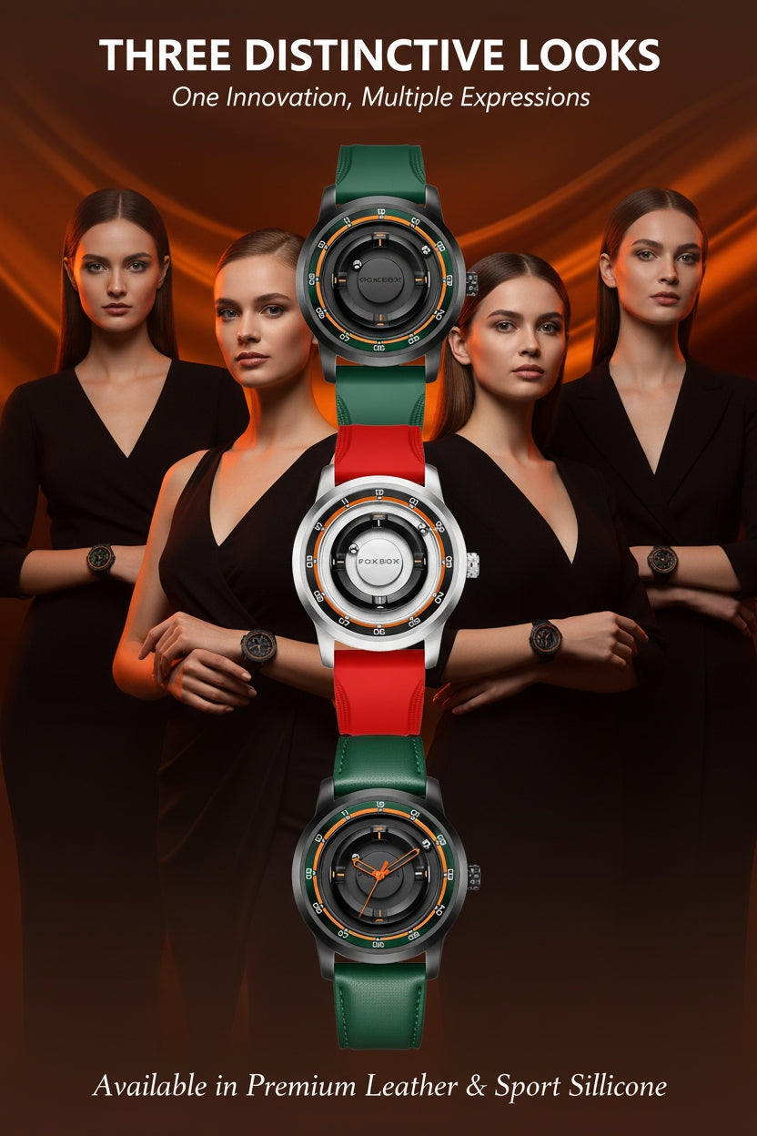 Three women wearing watches with a focus on a central watch, set against a dark background.