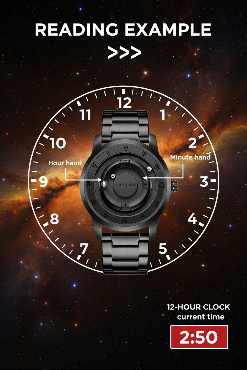 Black wristwatch with labeled clock hands on a space-themed background