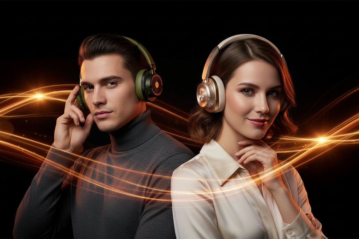 Man and woman wearing headphones with a dark background and light effects