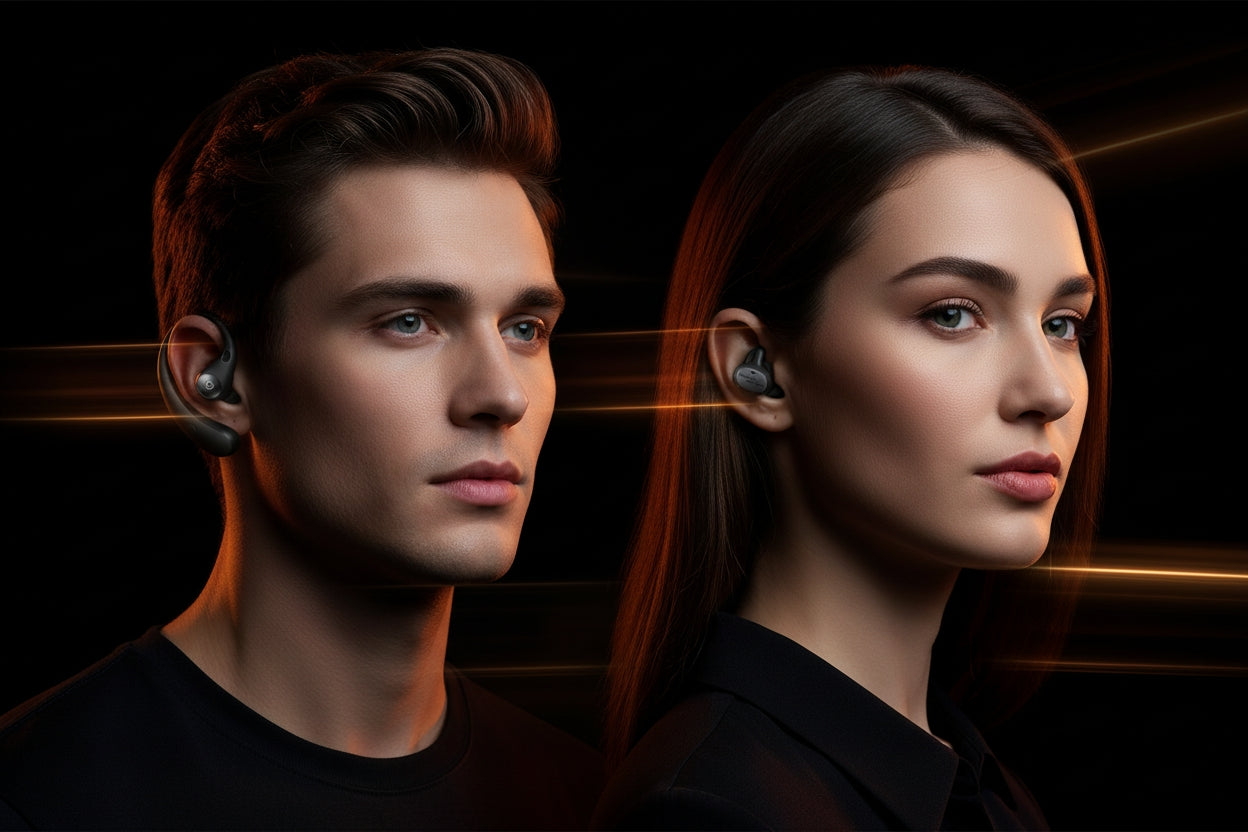 Two people wearing wireless earbuds with a dark background
