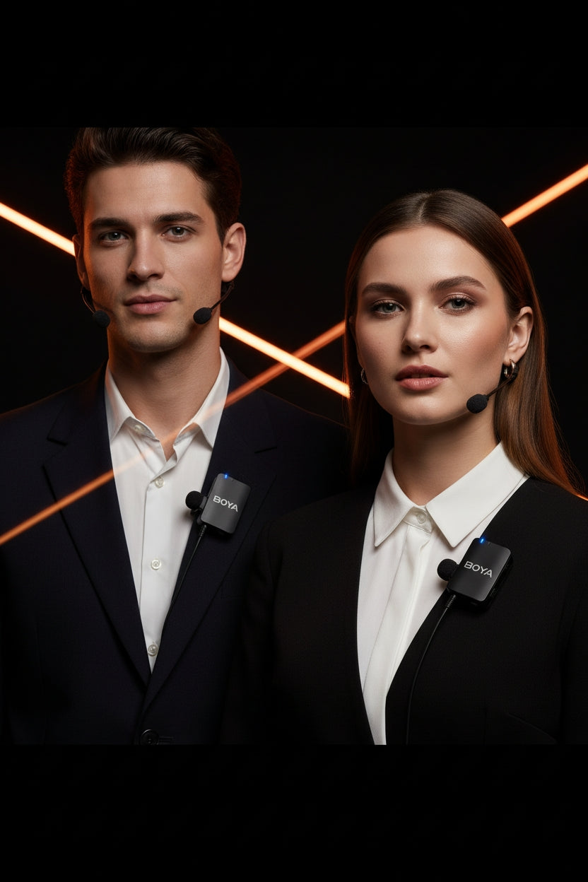 Two individuals in formal attire with visible logos on a dark background