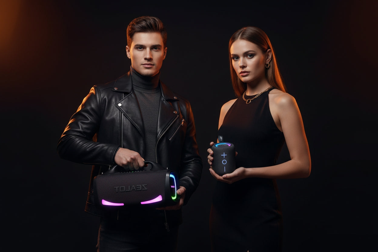 Two people holding VR devices against a dark background