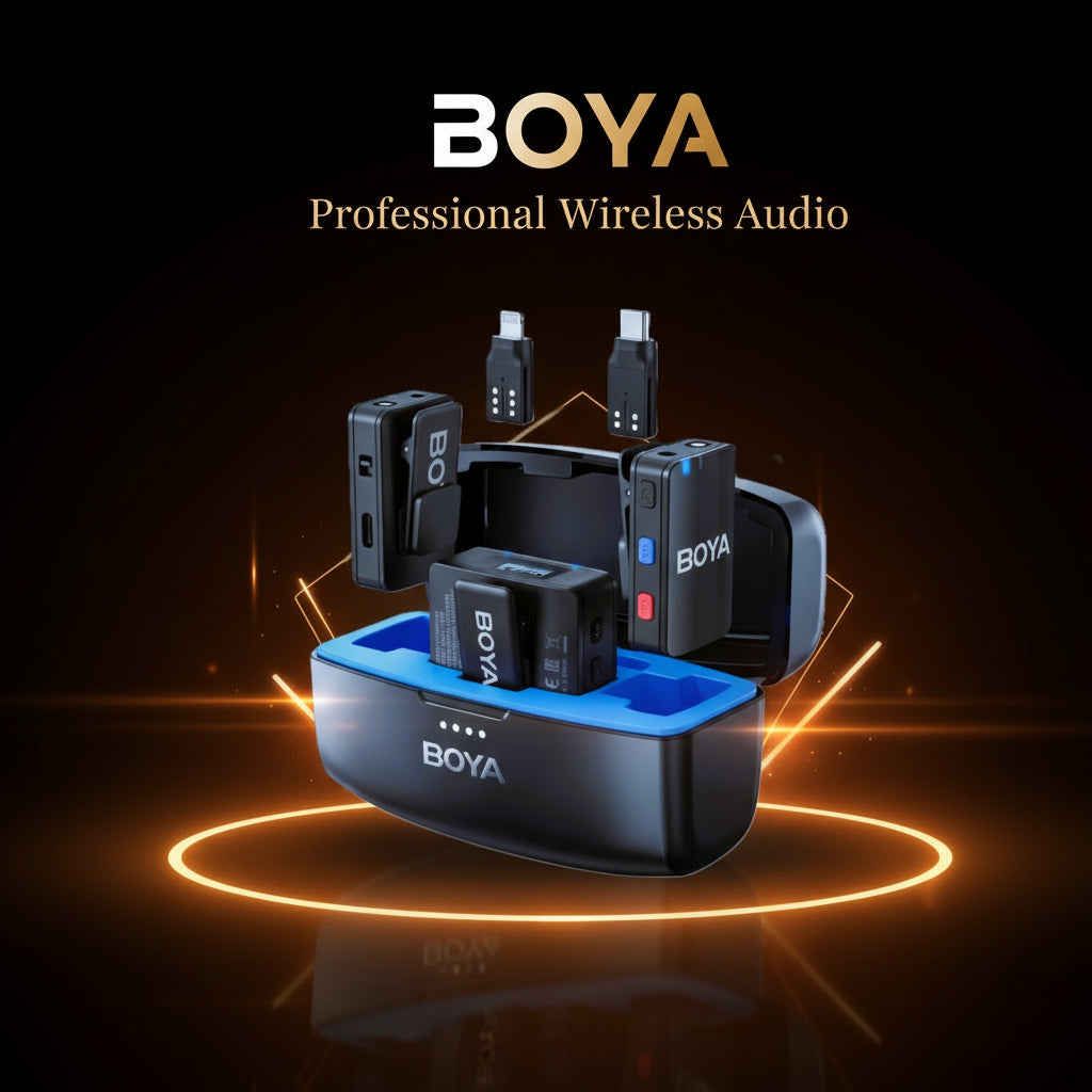 BOYA BOYAMIC wireless lavalier microphone system with charging case, transmitters, receiver, and smartphone holder on premium black background with golden lighting