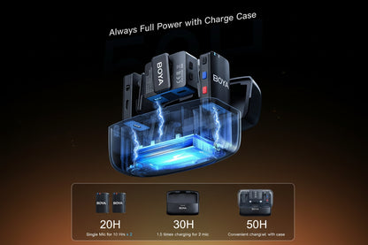 BOYA battery and charging case with charging process illustration on a dark background