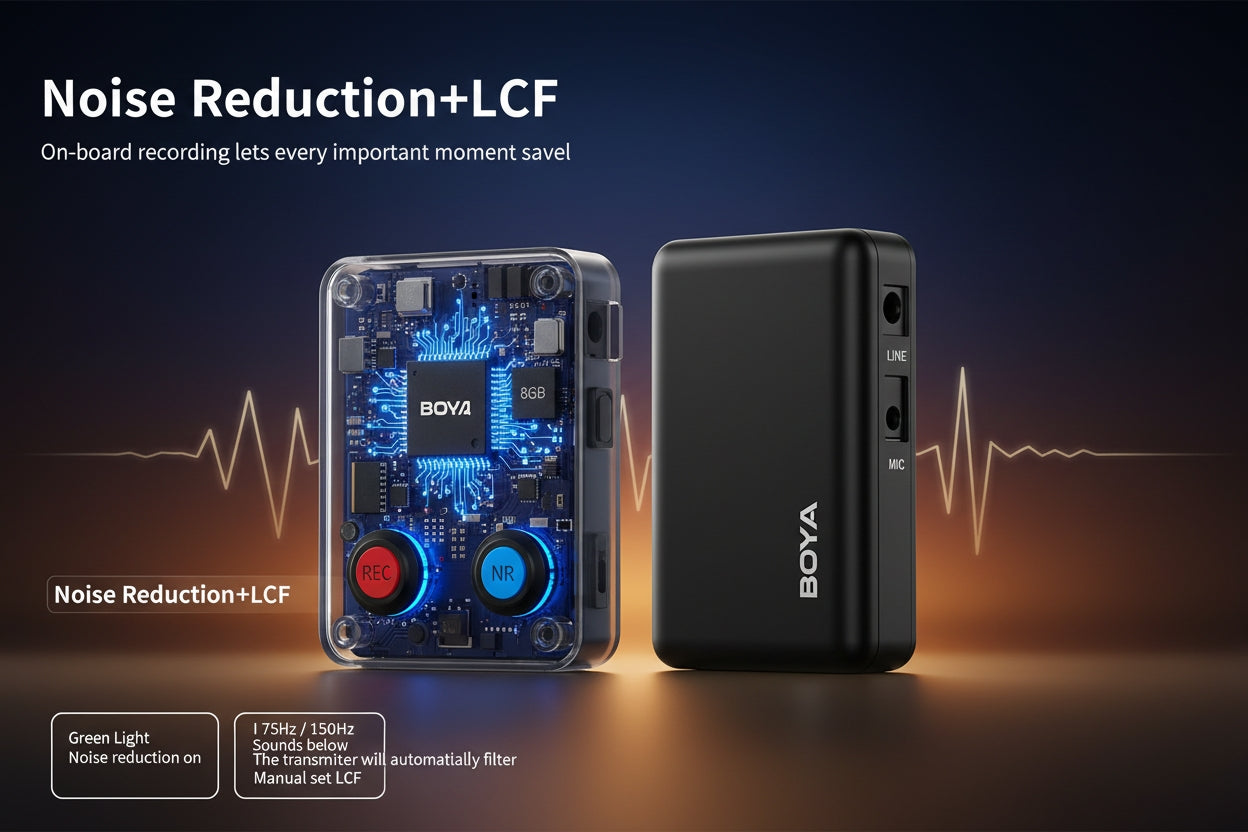 BOYA audio recording device with noise reduction and LCF technology on a dark background