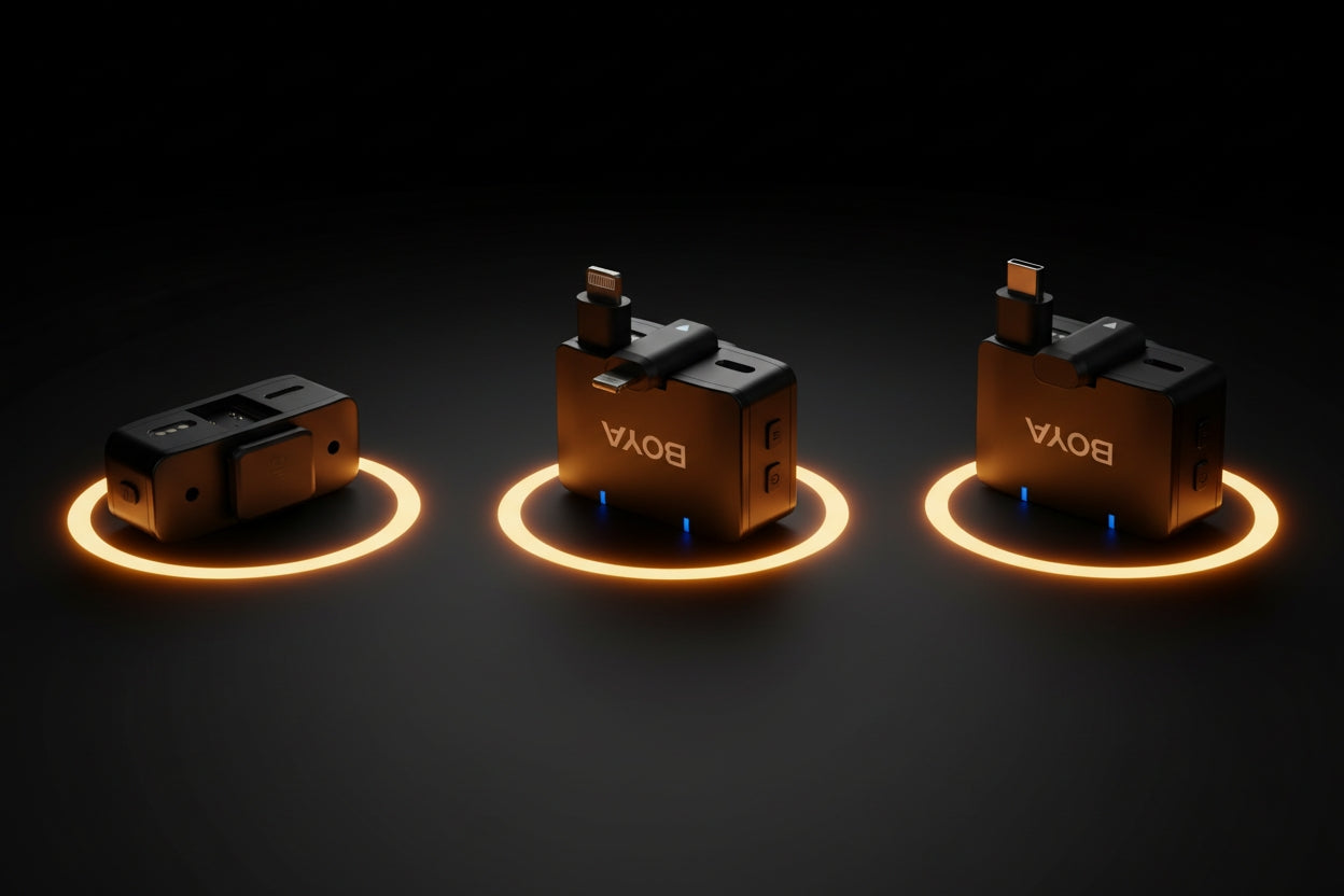 Three BOYA BY-MM1 microphones on a dark background with glowing circular lights.
