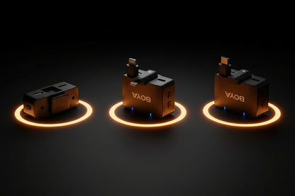 Three BOYA BY-MM1 microphones on a dark background with glowing circular lights.