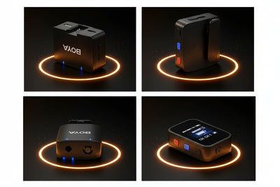 Four views of a BOYA BY-MM1 microphone on a dark background with glowing circular lights.