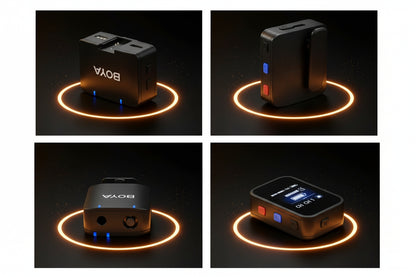 Four views of a BOYA BY-MM1 microphone on a dark background with glowing circular lights.