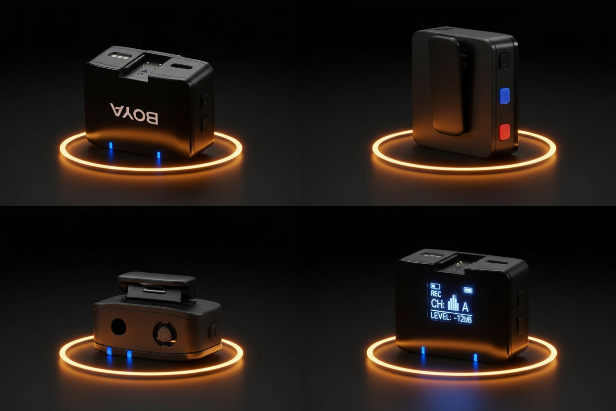 Four views of a BOYA BY-MM1 microphone on a dark background with glowing circular base.