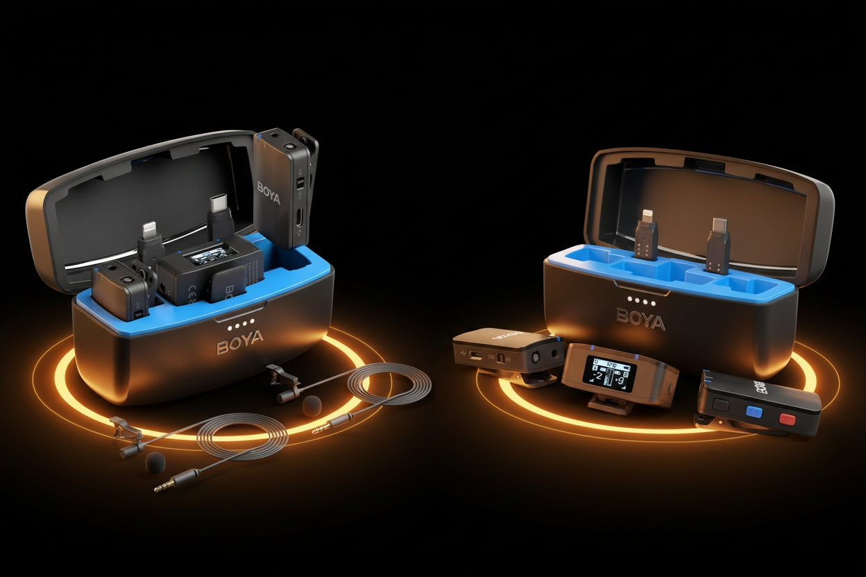 Two SOYA electronic devices with accessories on a dark background