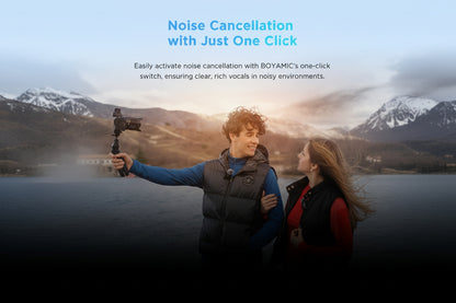 Two people by a lake with mountains in the background, featuring text about noise cancellation technology.