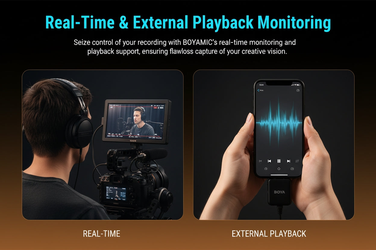 BOYA BOYAMIC real-time and external playback monitoring with headphones and smartphone display