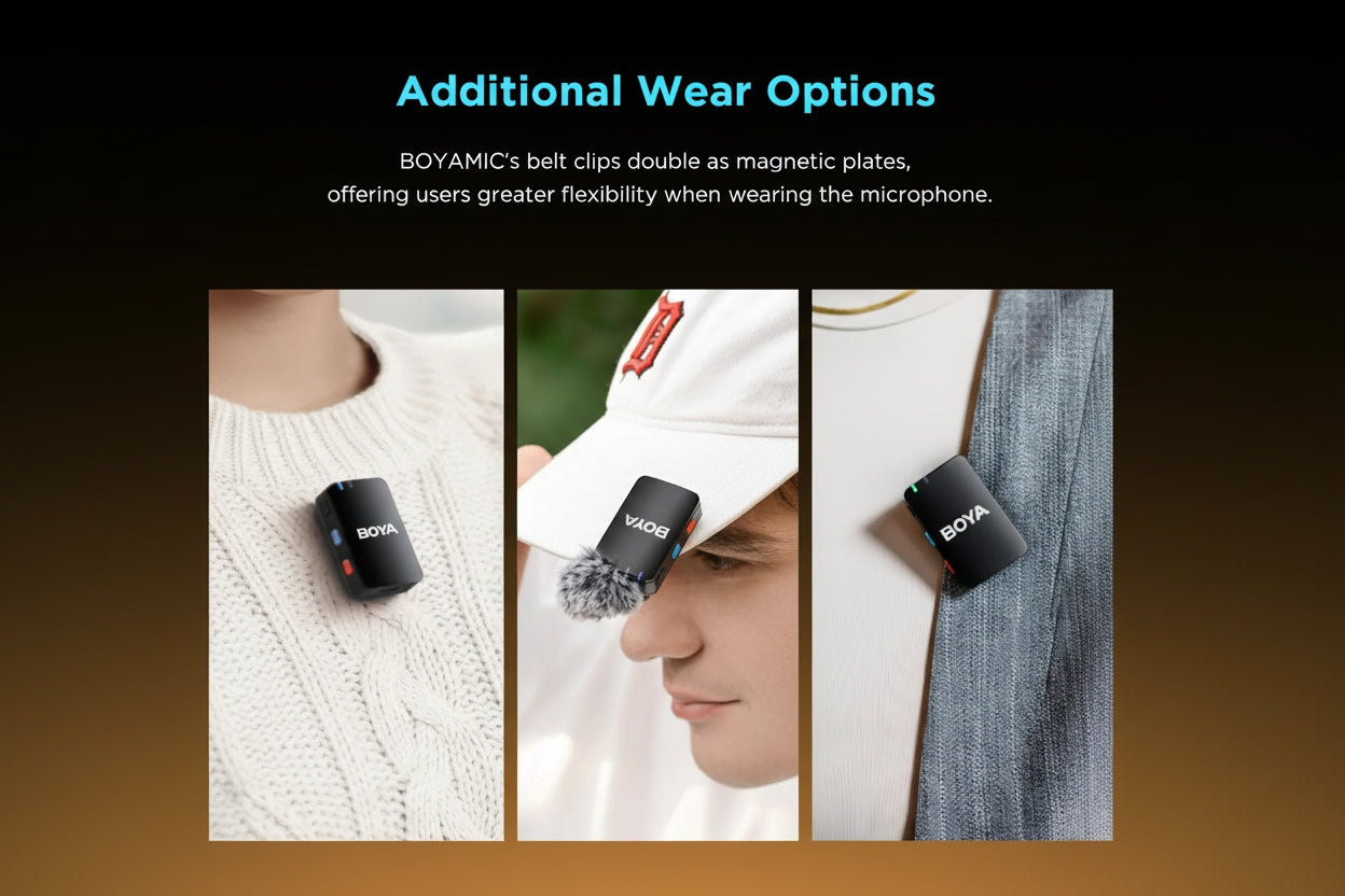 BOYA BOYAMIC versatile wearing options - clip-on microphone attachments for clothing and accessories