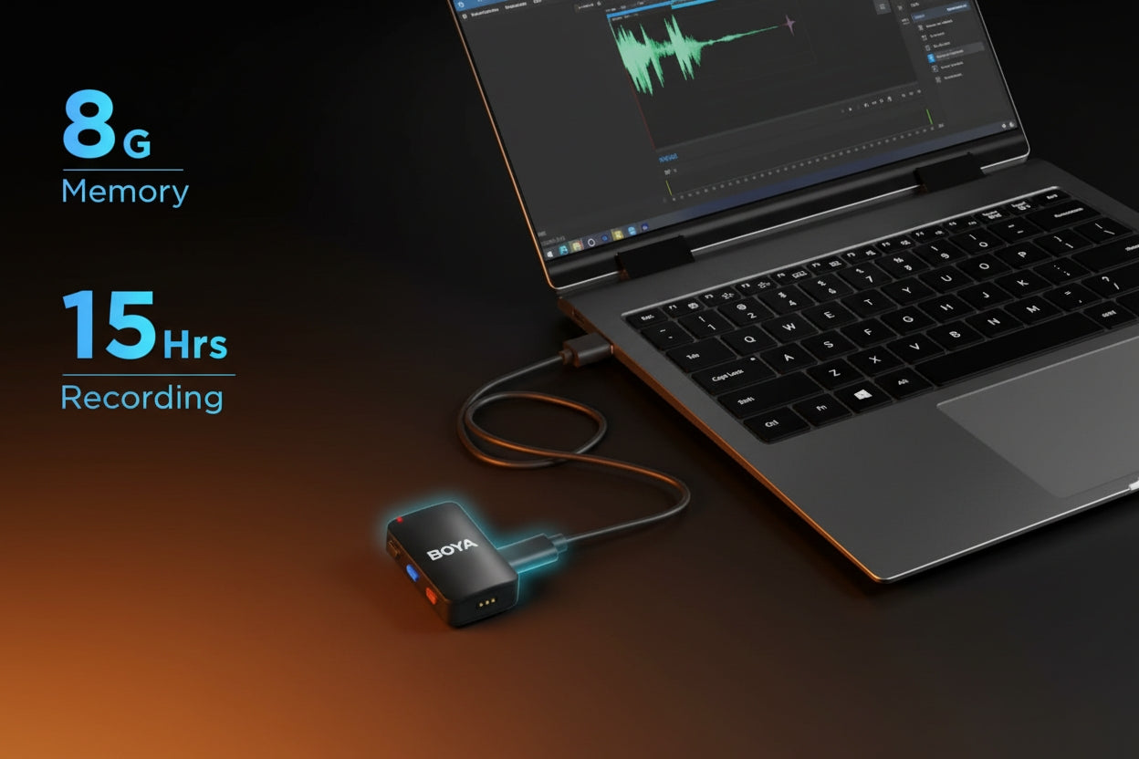 BOYA BOYAMIC 8GB internal memory with 15 hours on-board recording connected to laptop