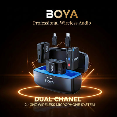 BOYA dual-channel 2.4GHz wireless microphone system on a dark background