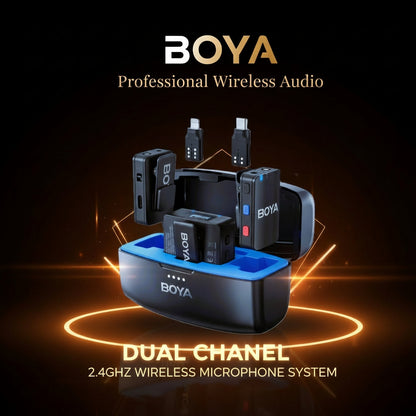 BOYA dual-channel 2.4GHz wireless microphone system on a dark background