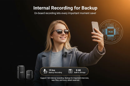 BOYA BOYAMIC internal recording backup feature with 8GB storage and 15 hours recording capacity