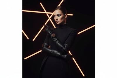 Person wearing a black outfit with gloves against a dark background with neon lights.