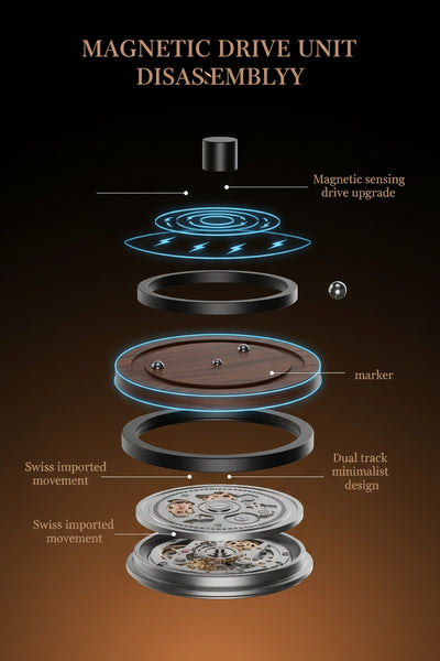 Diagram of a magnetic drive unit disassembly with labeled components on a dark background.