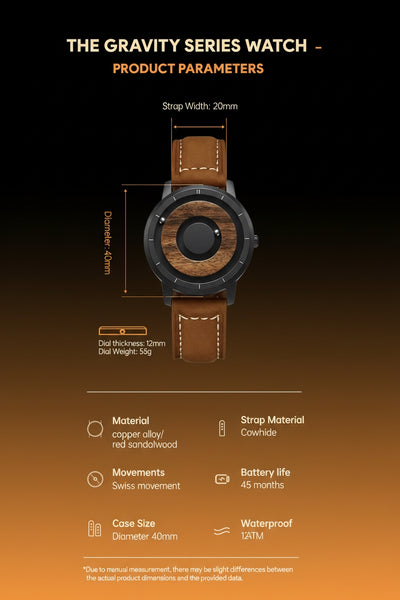 Product parameters of a Gravity Series watch with wooden case and brown leather strap on a dark background.