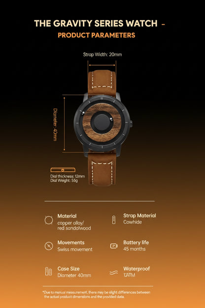 Product parameters of a Gravity Series watch with wooden case and brown leather strap on a dark background.
