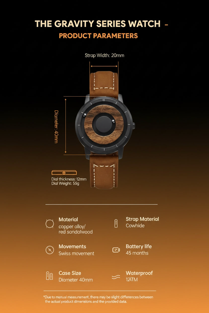 Product parameters of a Gravity Series watch with wooden case and brown leather strap on a dark background.