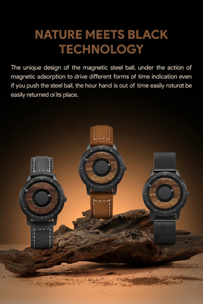 Three watches with wooden and metallic design on a dark background with text about magnetic technology.