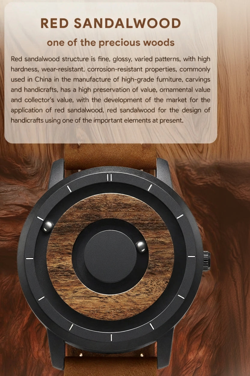 Wristwatch with red sandalwood design on a wooden background