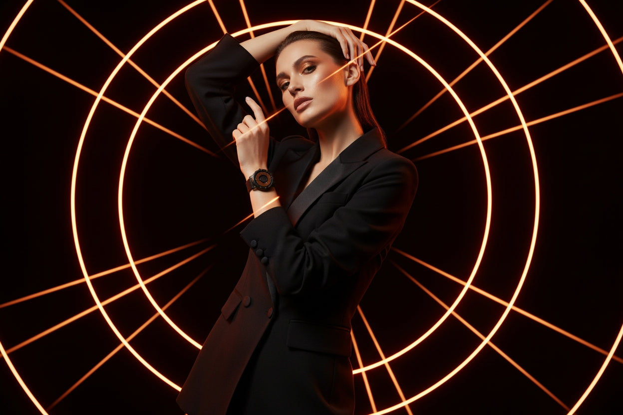 Woman in a black suit posing against a dark background with circular light patterns
