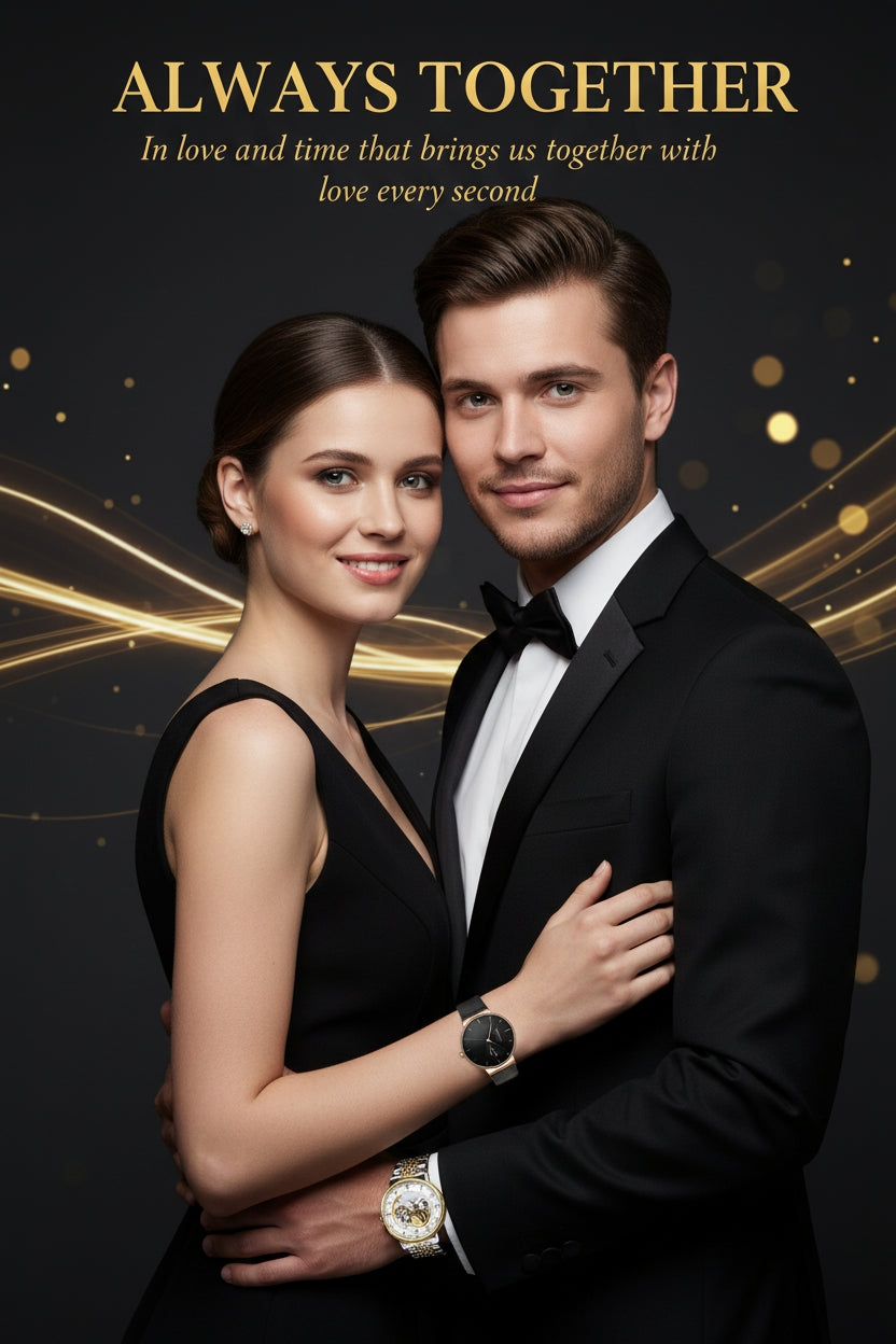 Couple in formal attire with a dark background and gold text.