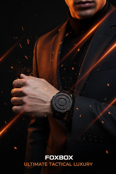 A man in a black suit and turtleneck adjusts a black tactical watch on his wrist, set against a dark background with glowing orange light streaks and embers. The text 'FOXBOX ULTIMATE TACTICAL LUXURY' is displayed at the bottom.