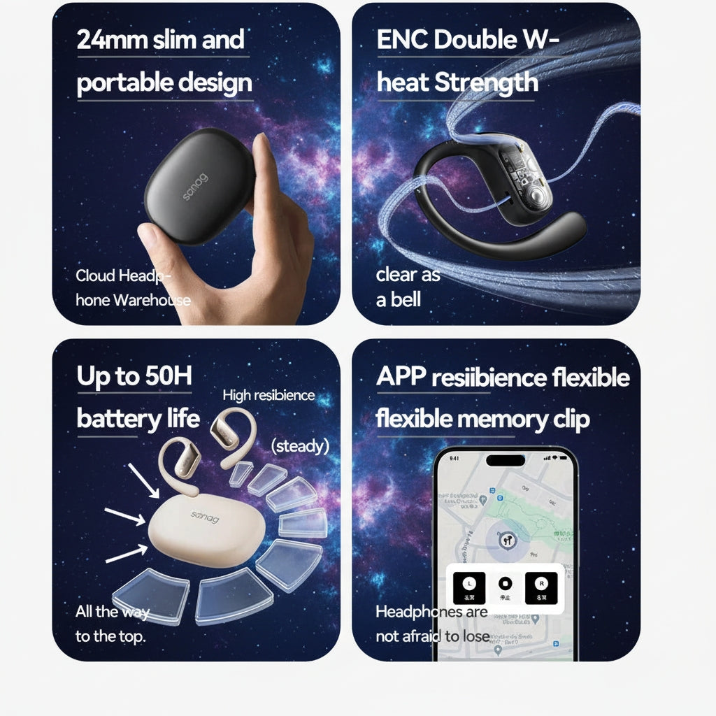 Promotional graphic of wireless earbuds with features highlighted on a dark background.