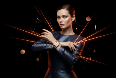 Woman wearing a watch with a dark background and orange light effects