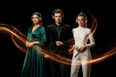 Three people in formal attire with glowing lines on a dark background