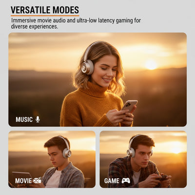 Woman using headphones for music, movie, and game modes with a scenic background.