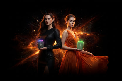 Two women holding glowing bottles against a dark background