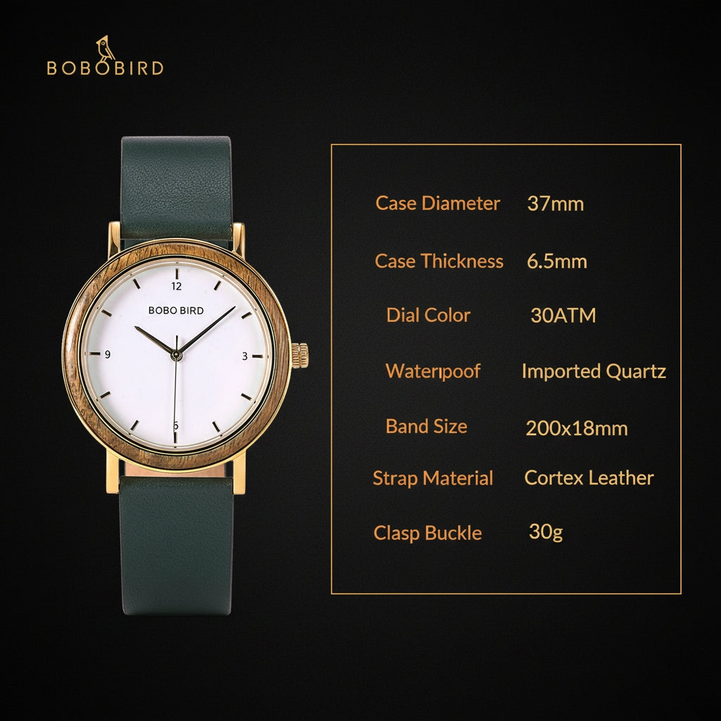 Bobo Bird watch with green strap and gold case on a black background, featuring product specifications.