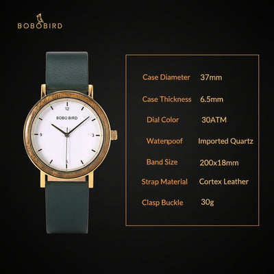 Bobo Bird watch with green strap and gold case on a black background, featuring product specifications.