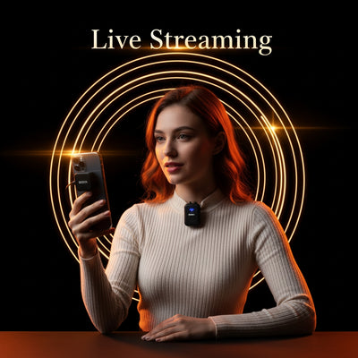 Woman holding a phone with 'Live Streaming' text and circular light design