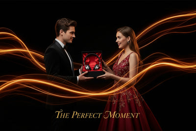 Man and woman in formal attire holding a red box with 'The Perfect Moment' text on a dark background.