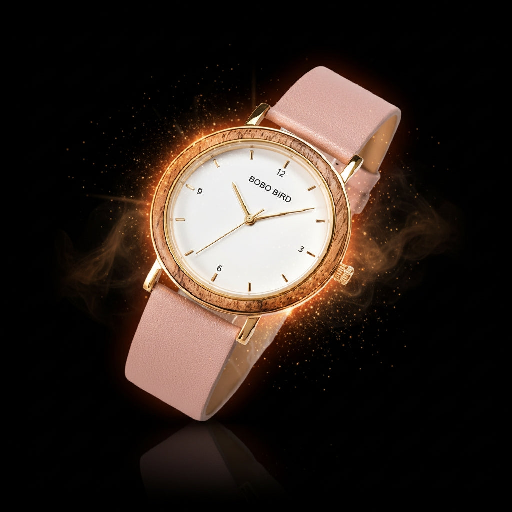 Watch with pink strap and gold casing on a dark background