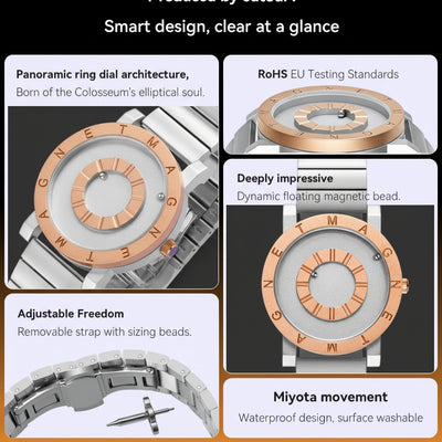 Watch with metallic band and detailed design elements on a black background