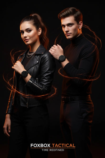 A man and a woman pose back-to-back in black outfits against a black background, each wearing a black Foxbox Tactical watch. The image features stylized orange light trails and has the text 'FOXBOX TACTICAL' and 'TIME REDefined' at the bottom.