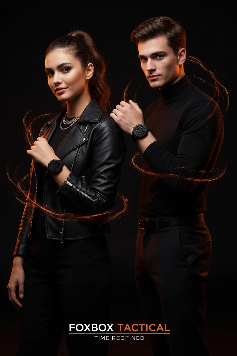 A man and a woman pose back-to-back in black outfits against a black background, each wearing a black Foxbox Tactical watch. The image features stylized orange light trails and has the text 'FOXBOX TACTICAL' and 'TIME REDefined' at the bottom.