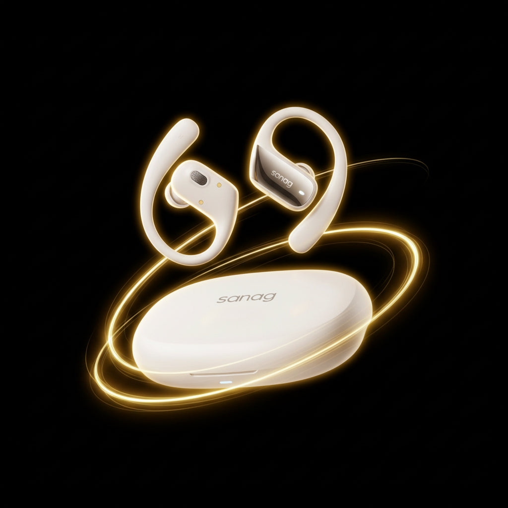Wireless earbuds with charging case on a black background, featuring the brand 'sonag'.