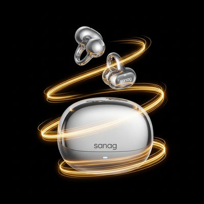 Wireless earbuds with charging case on a black background, featuring the brand 'sanag'.